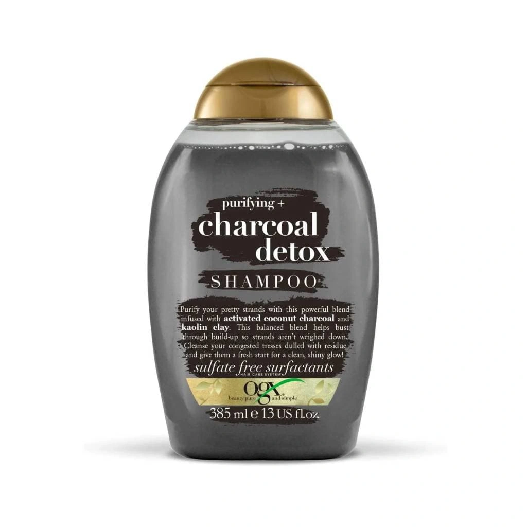 OGX Purifying + Detox Charcoal Shampoo – شامپو زغال فعال و خاک رس سفید برای پاکسازی و سم‌زدایی مو
